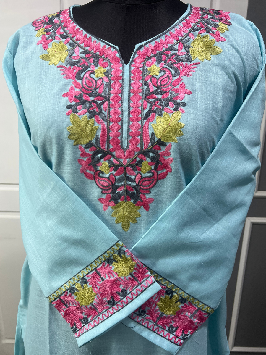 Noor : Kashmiri Aari embroidery summer Co-Ord Set | Aqua